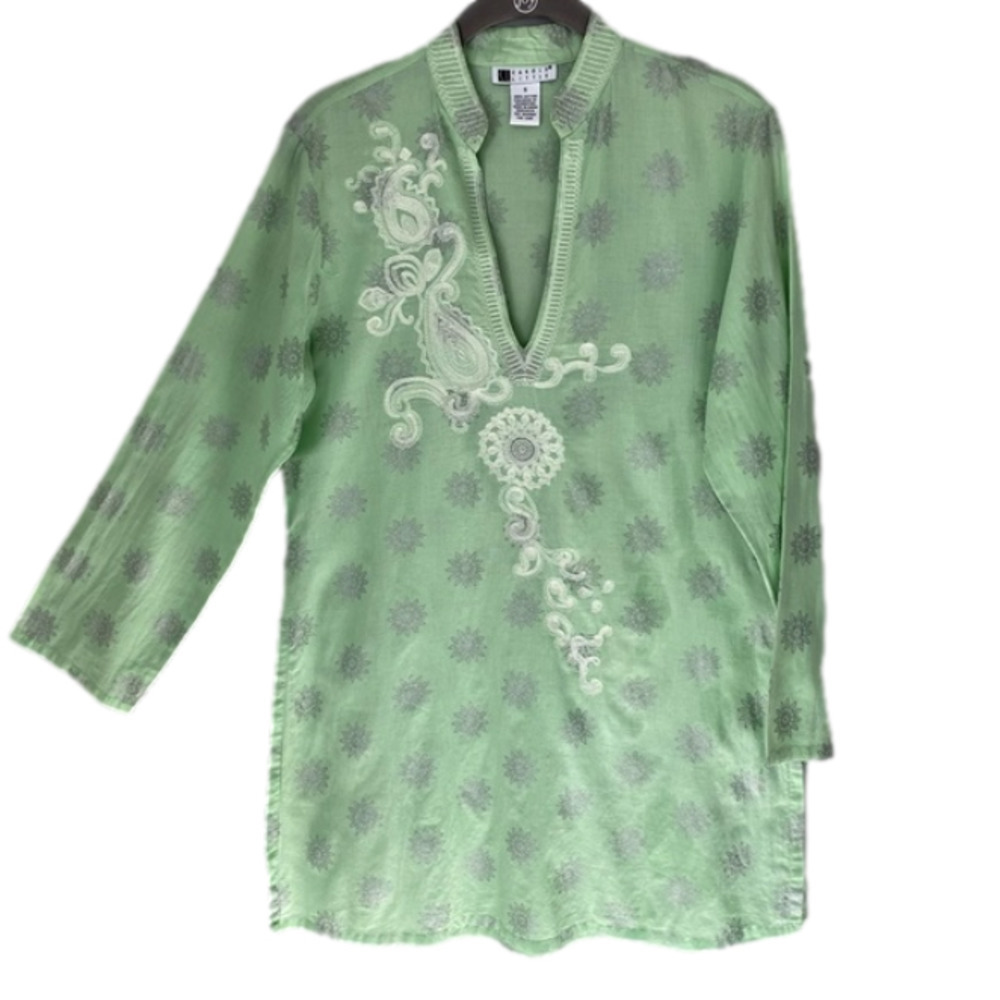 CAROLE LITTLE Embroidered Tunic Lightweight Pale Green/White Women Si…